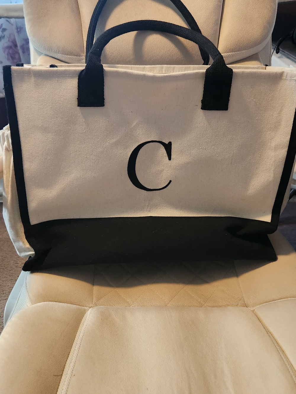 Canvas Initial Tote Bag in Black and Cream